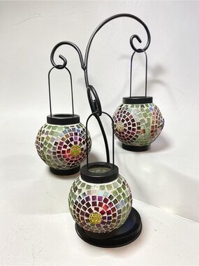 ✨ Stunning Mosaic Glass Hanging Lantern Set with Black Metal Stand (3 Lanterns)✨